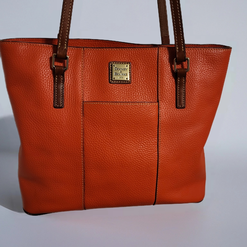 Dooney & Bourke Orange Pebbled Leather Tote with Brown Straps